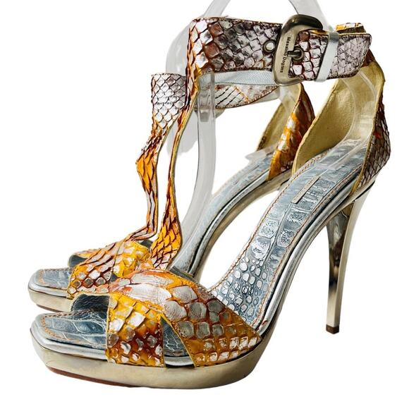 New Massimo Dogana Snake Leather Heel Sandals Size 9.5 US  Silver / Yellow Color - Picture 5 of 16